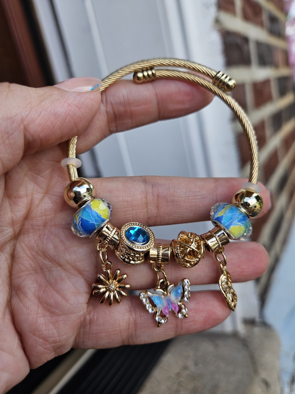 Charm Bangle Bracelet with Blue Accent Beads